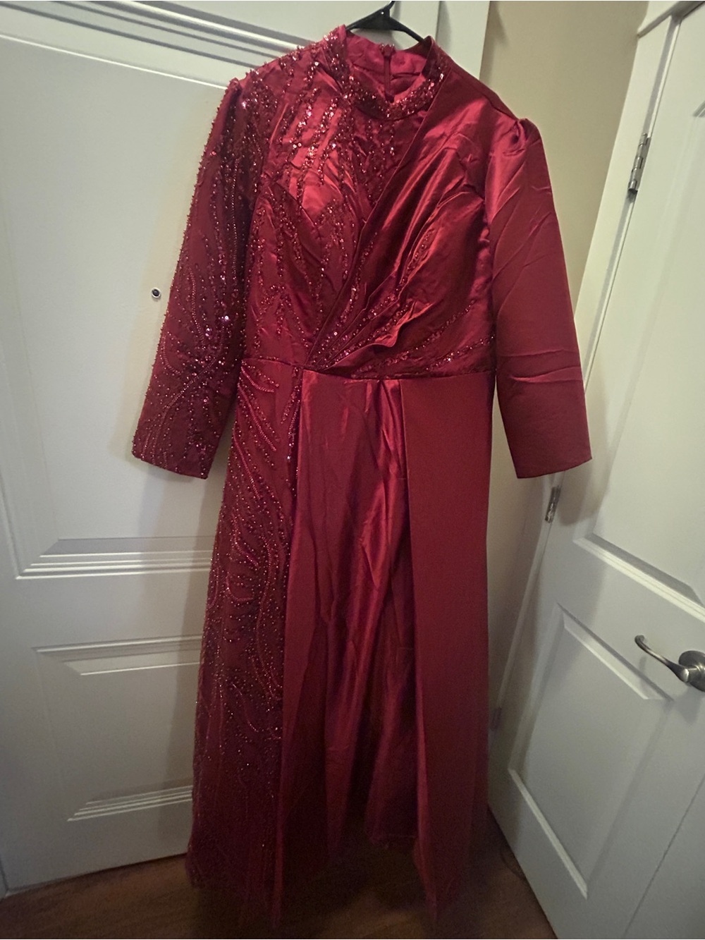 Elegant Beaded Long Sleeve Red Evening Dress
